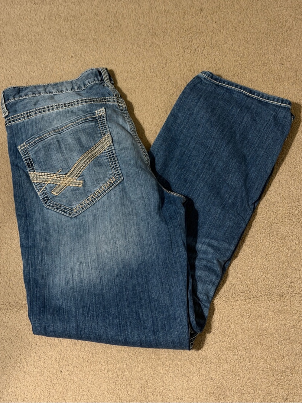 BKE Men's Straight Blue Denim Jeans with Embroidered Back Pocket